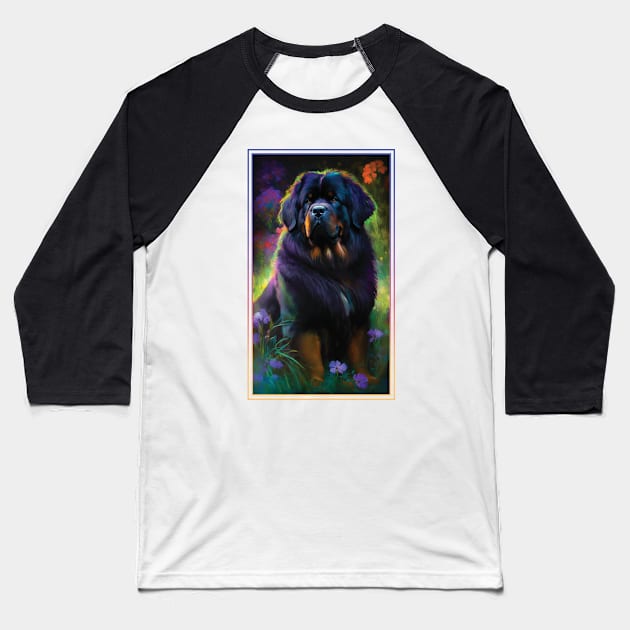 Tibetan Mastiff Dog Vibrant Tropical Flower Tall Digital Oil Painting Portrait 2 Baseball T-Shirt by ArtHouseFlunky